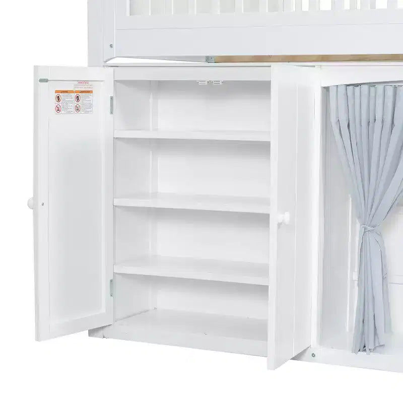 Letto a soppalco singolo bianco/legno con armadio contenitore e guardaroba