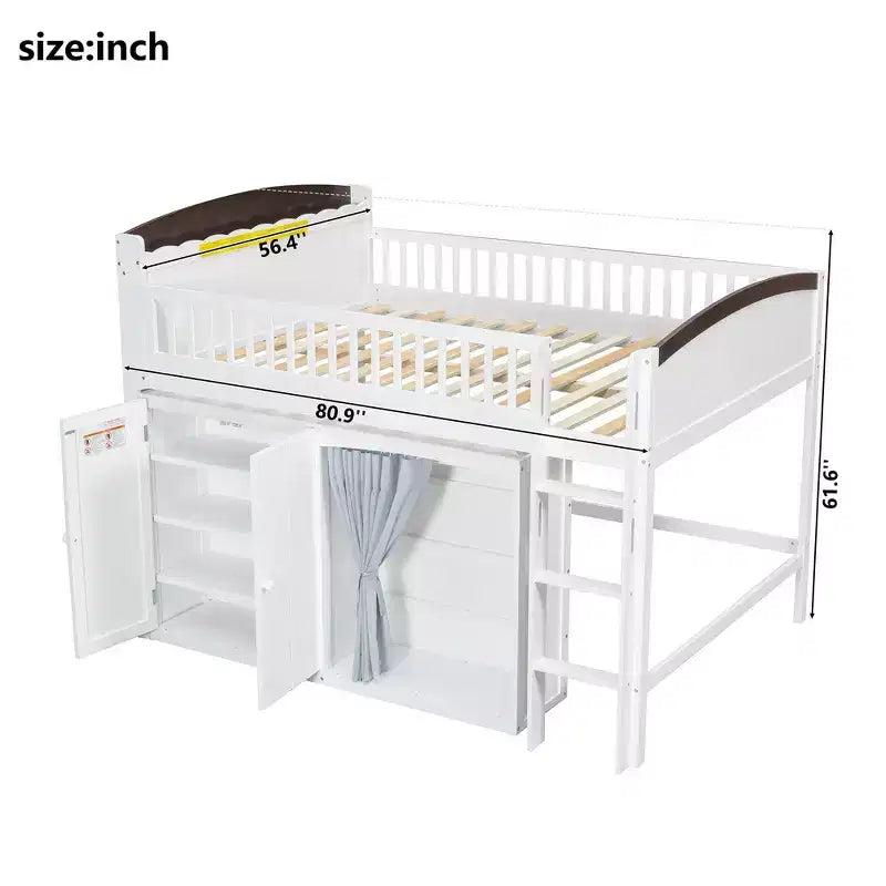 Letto a soppalco singolo bianco/legno con armadio contenitore e guardaroba