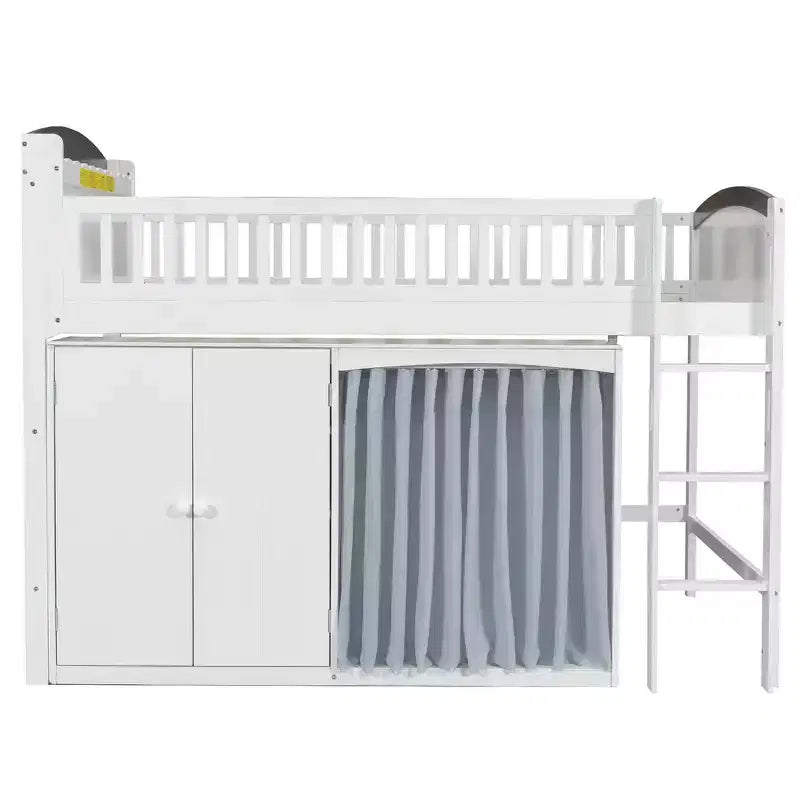 Letto a soppalco singolo bianco/legno con armadio contenitore e guardaroba