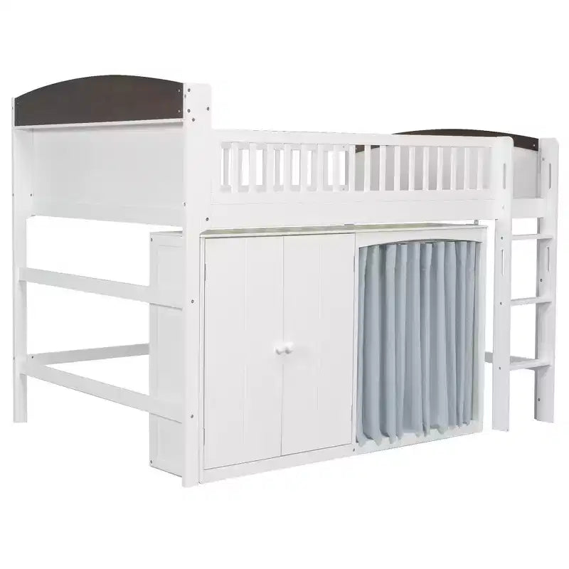 Letto a soppalco singolo bianco/legno con armadio contenitore e guardaroba