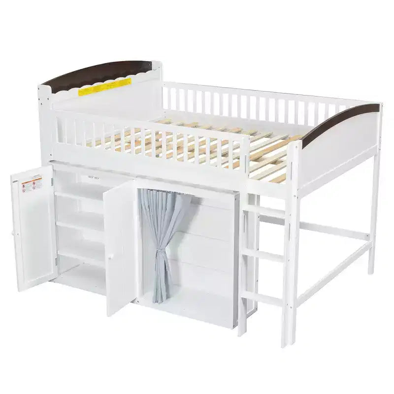 Letto a soppalco singolo bianco/legno con armadio contenitore e guardaroba