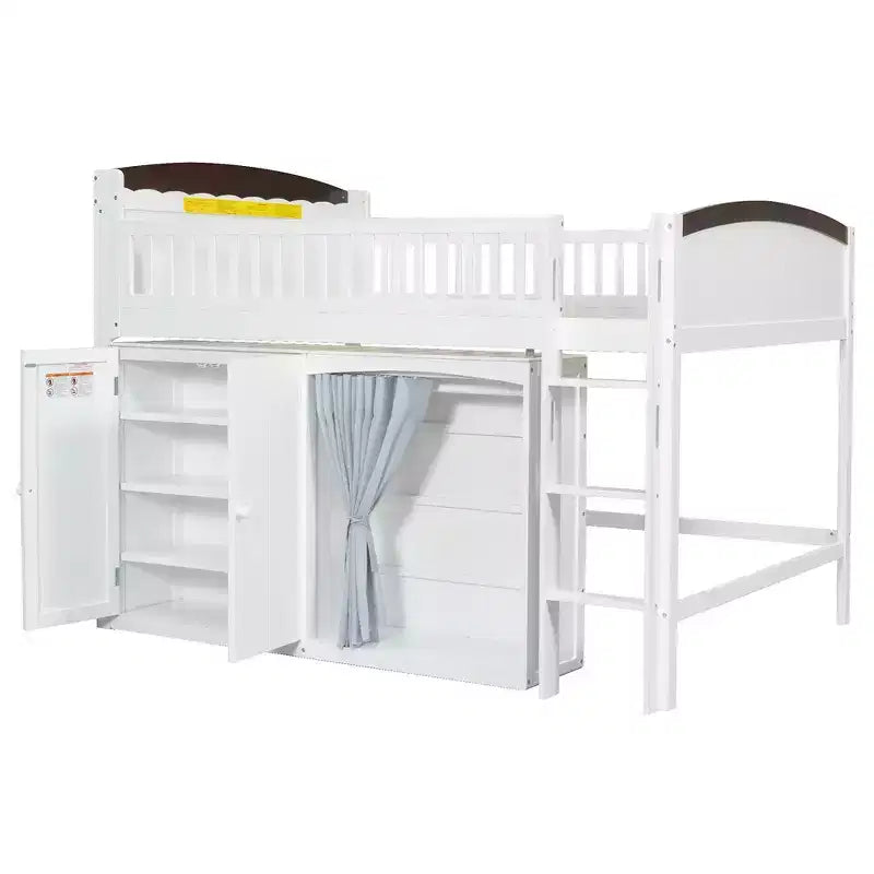 Letto a soppalco singolo bianco/legno con armadio contenitore e guardaroba