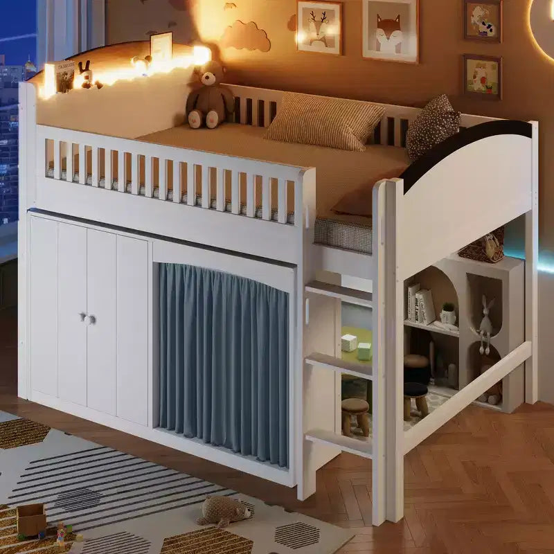 Letto a soppalco singolo bianco/legno con armadio contenitore e guardaroba