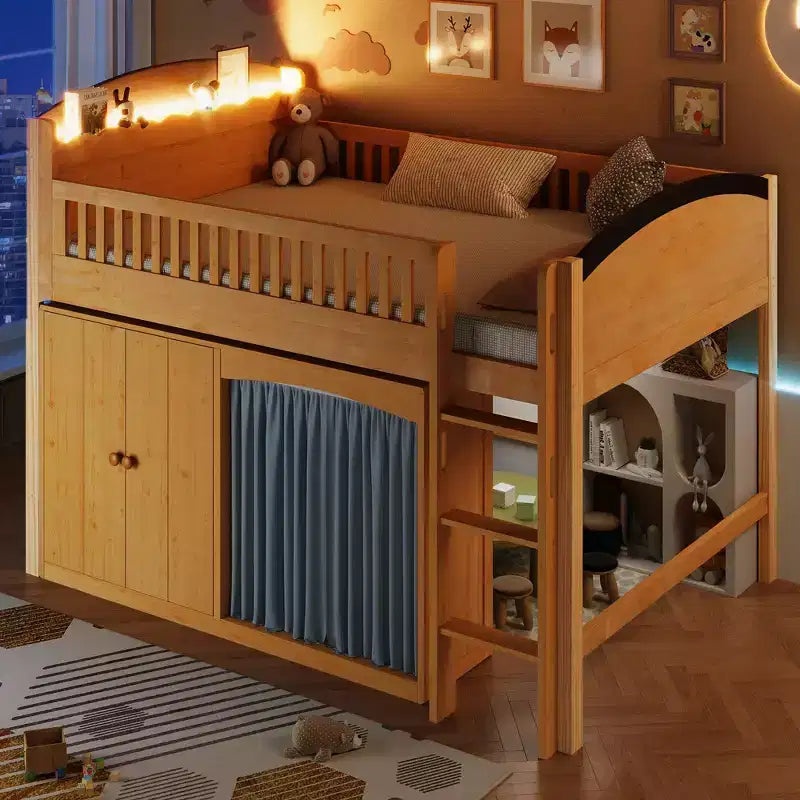 Letto a soppalco singolo bianco/legno con armadio contenitore e guardaroba