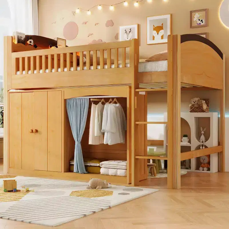 Letto a soppalco singolo bianco/legno con armadio contenitore e guardaroba