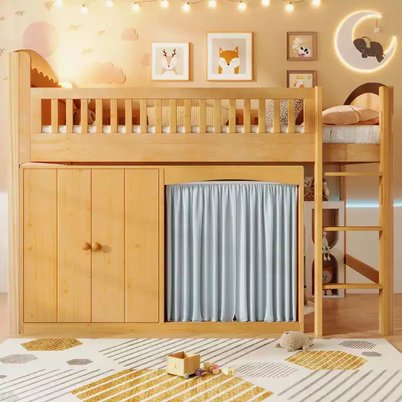 Letto a soppalco singolo bianco/legno con armadio contenitore e guardaroba