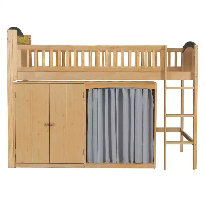 Letto a soppalco singolo bianco/legno con armadio contenitore e guardaroba