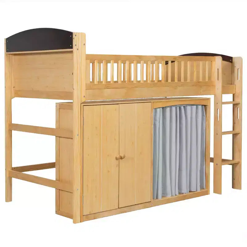 Letto a soppalco singolo bianco/legno con armadio contenitore e guardaroba
