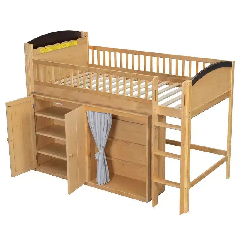 Letto a soppalco singolo bianco/legno con armadio contenitore e guardaroba