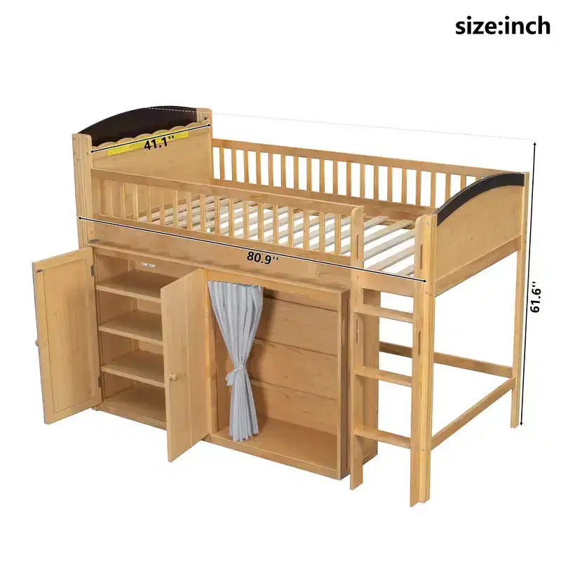 Letto a soppalco singolo bianco/legno con armadio contenitore e guardaroba