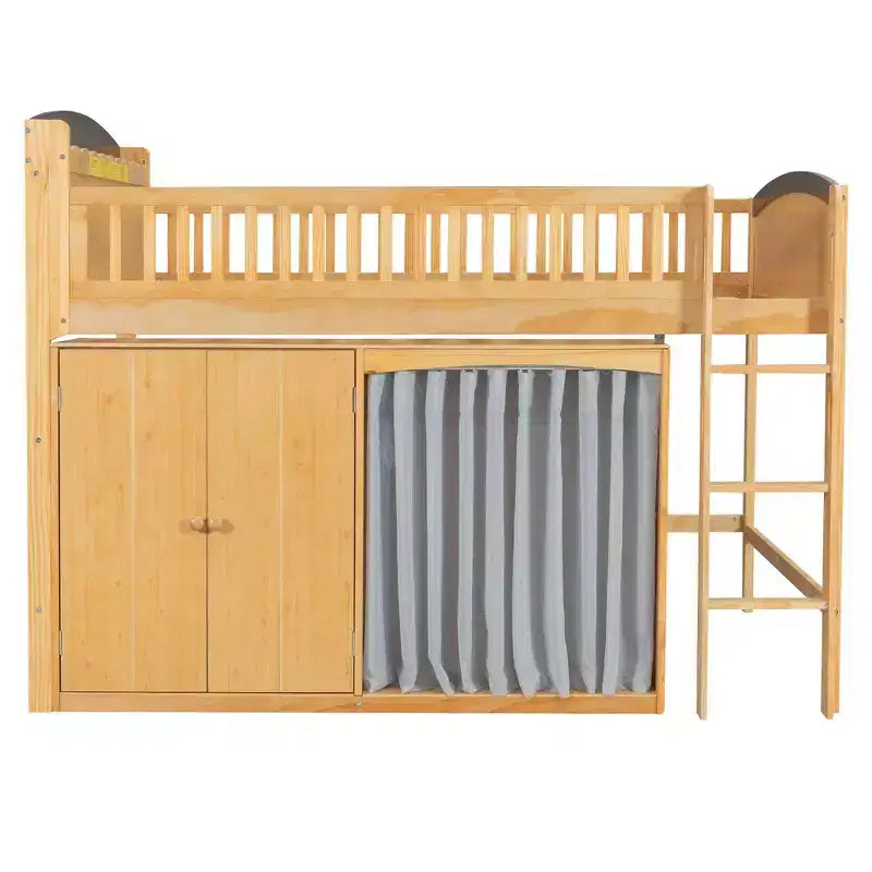Letto a soppalco singolo bianco/legno con armadio contenitore e guardaroba