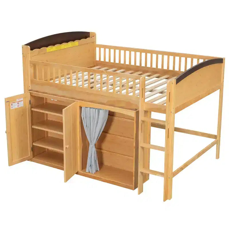 Letto a soppalco singolo bianco/legno con armadio contenitore e guardaroba