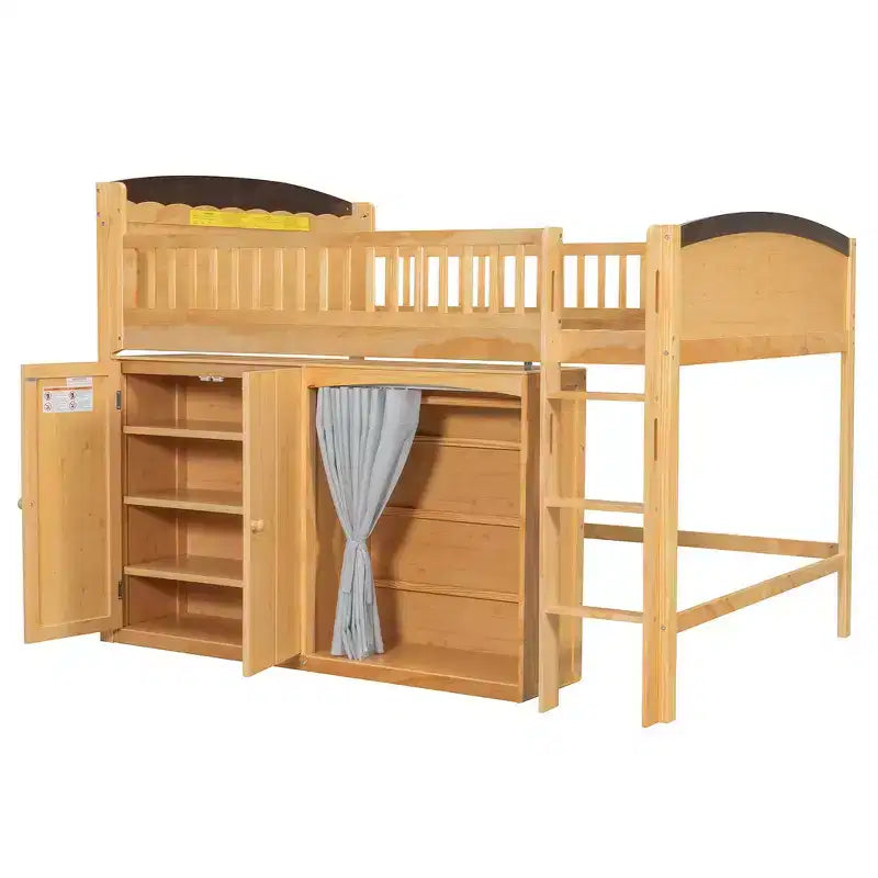 Letto a soppalco singolo bianco/legno con armadio contenitore e guardaroba