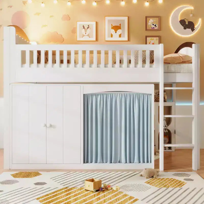Letto a soppalco singolo bianco/legno con armadio contenitore e guardaroba