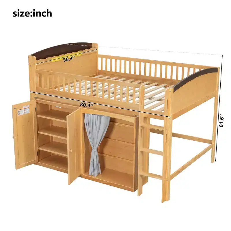 Letto a soppalco singolo bianco/legno con armadio contenitore e guardaroba