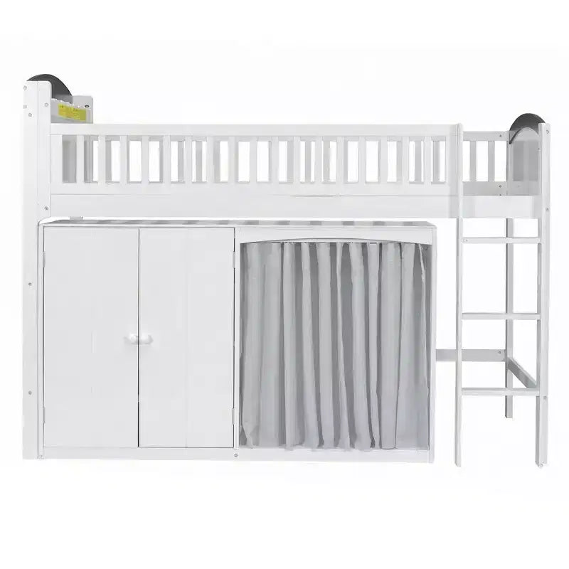 Letto a soppalco singolo bianco/legno con armadio contenitore e guardaroba