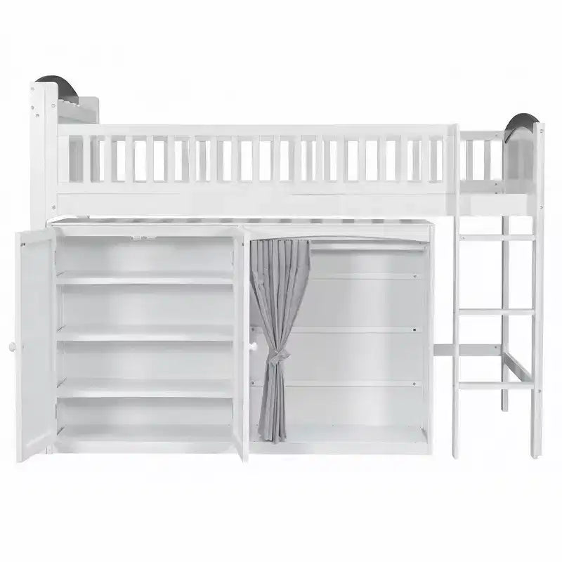 Letto a soppalco singolo bianco/legno con armadio contenitore e guardaroba