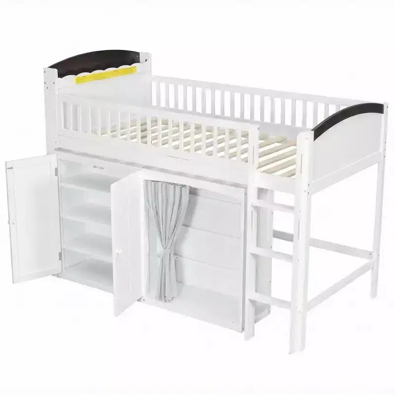 Letto a soppalco singolo bianco/legno con armadio contenitore e guardaroba