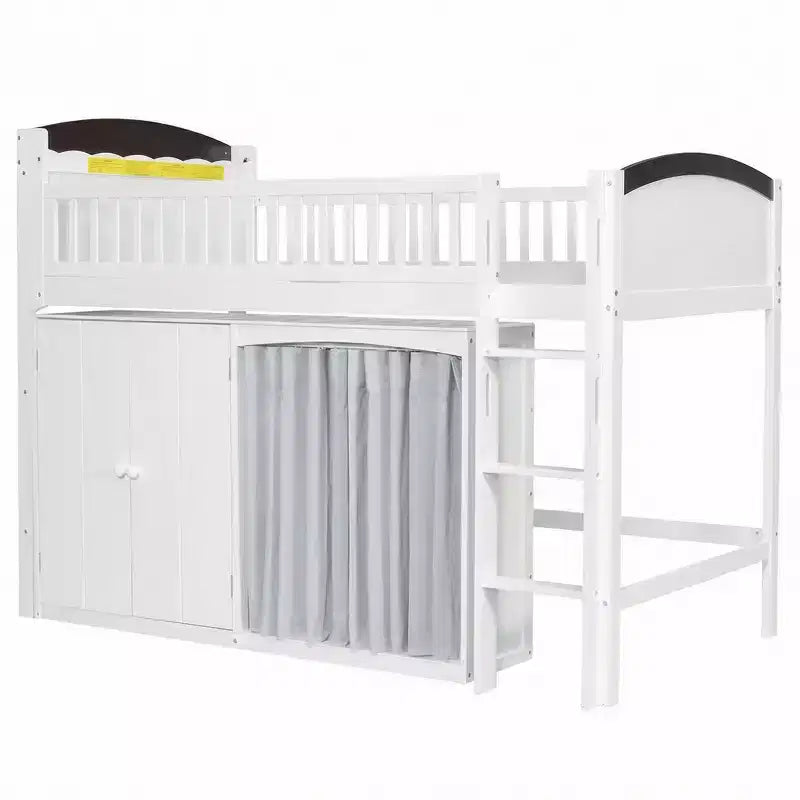 Letto a soppalco singolo bianco/legno con armadio contenitore e guardaroba