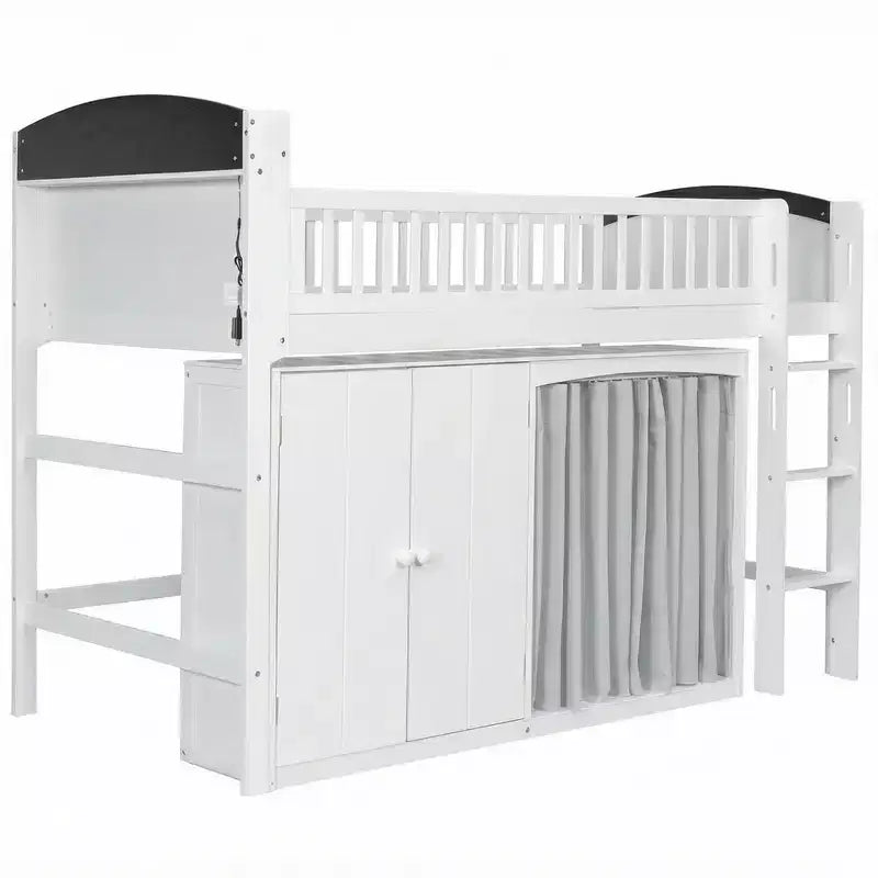Letto a soppalco singolo bianco/legno con armadio contenitore e guardaroba