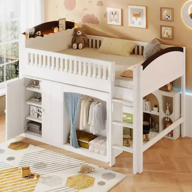 Letto a soppalco singolo bianco/legno con armadio contenitore e guardaroba