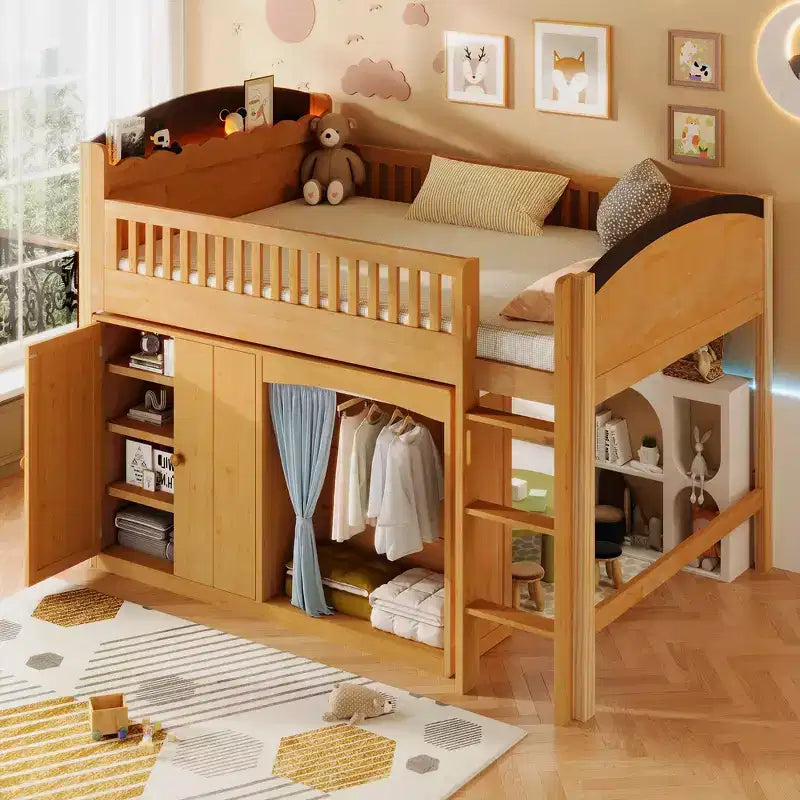 Letto a soppalco singolo bianco/legno con armadio contenitore e guardaroba