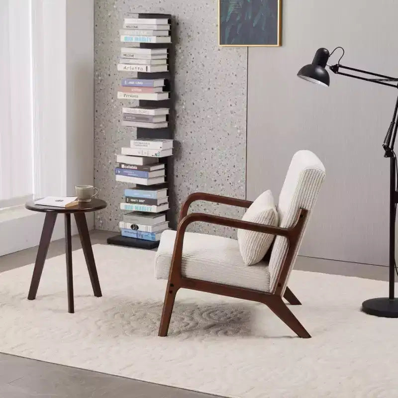 Set 2 Pezzi: Poltrona Accent Beige Mid-Century e Tavolino da Caffè Noce