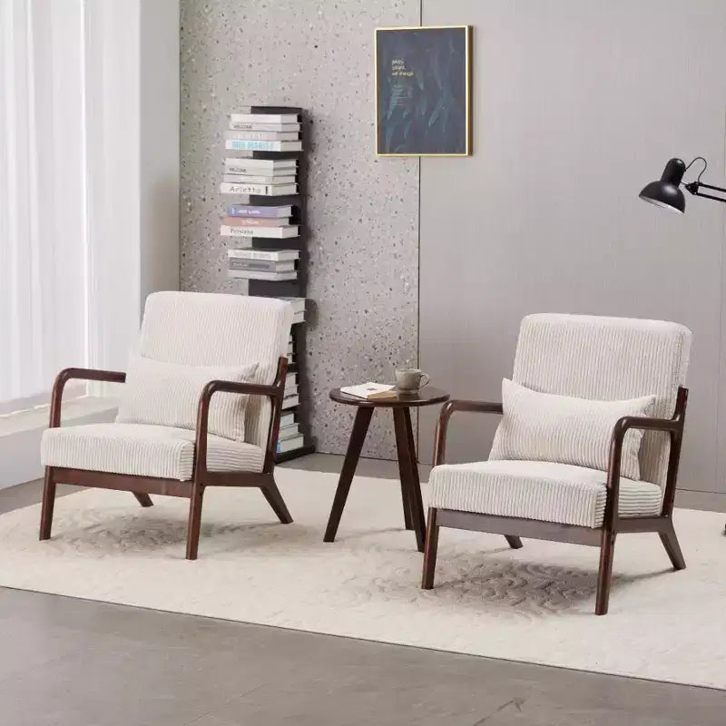 Set 2 Pezzi: Poltrona Accent Beige Mid-Century e Tavolino da Caffè Noce