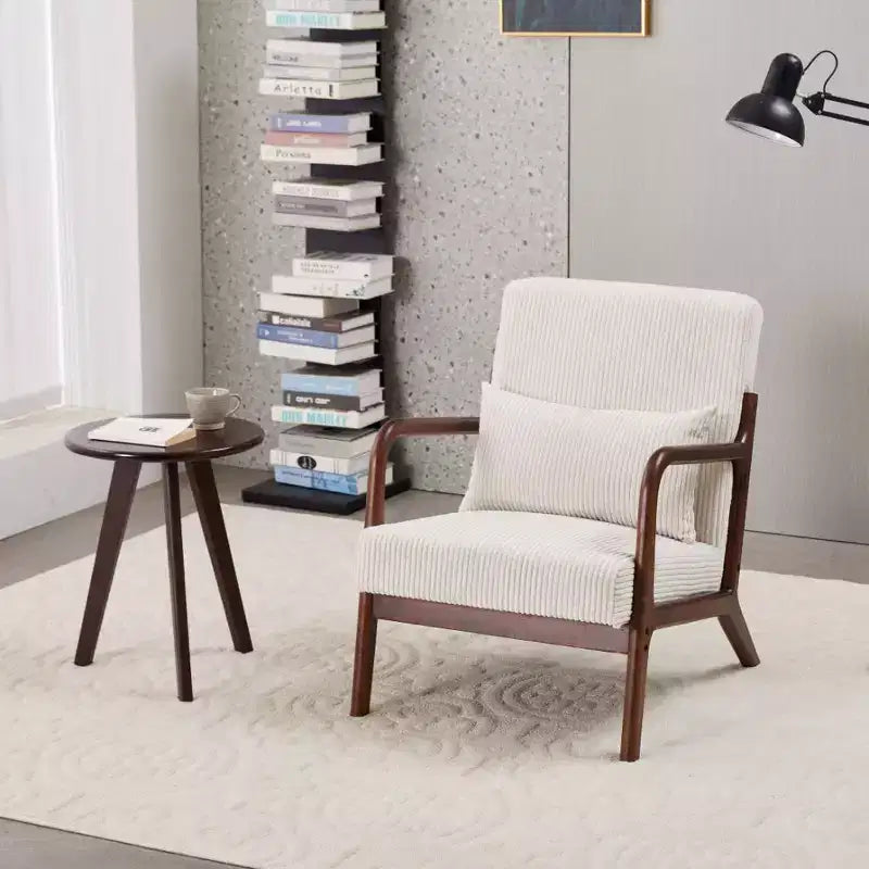 Set 2 Pezzi: Poltrona Accent Beige Mid-Century e Tavolino da Caffè Noce