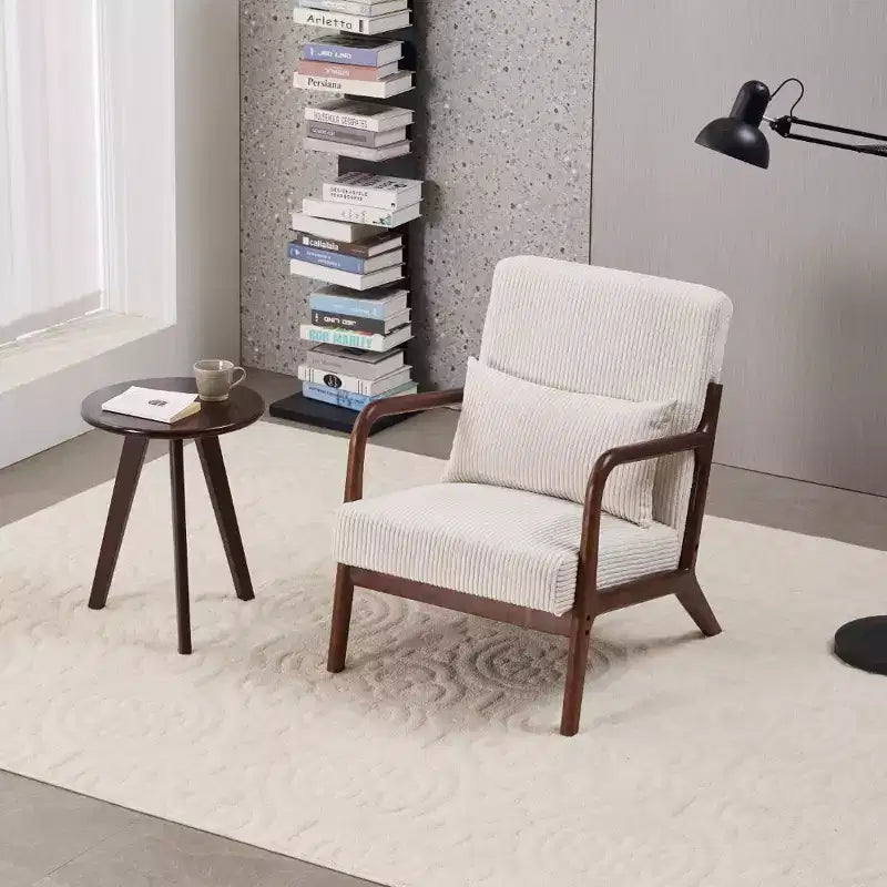 Set 2 Pezzi: Poltrona Accent Beige Mid-Century e Tavolino da Caffè Noce