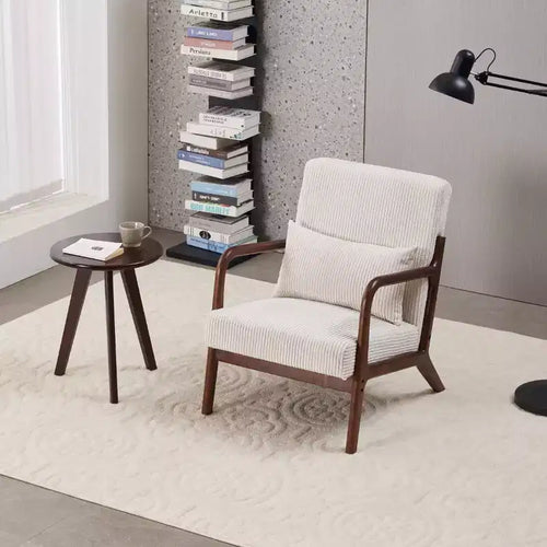 Set 2 Pezzi: Poltrona Accent Beige Mid-Century e Tavolino da Caffè Noce