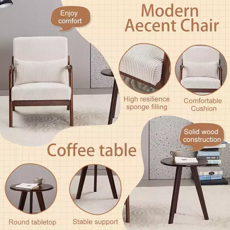 Set 2 Pezzi: Poltrona Accent Beige Mid-Century e Tavolino da Caffè Noce