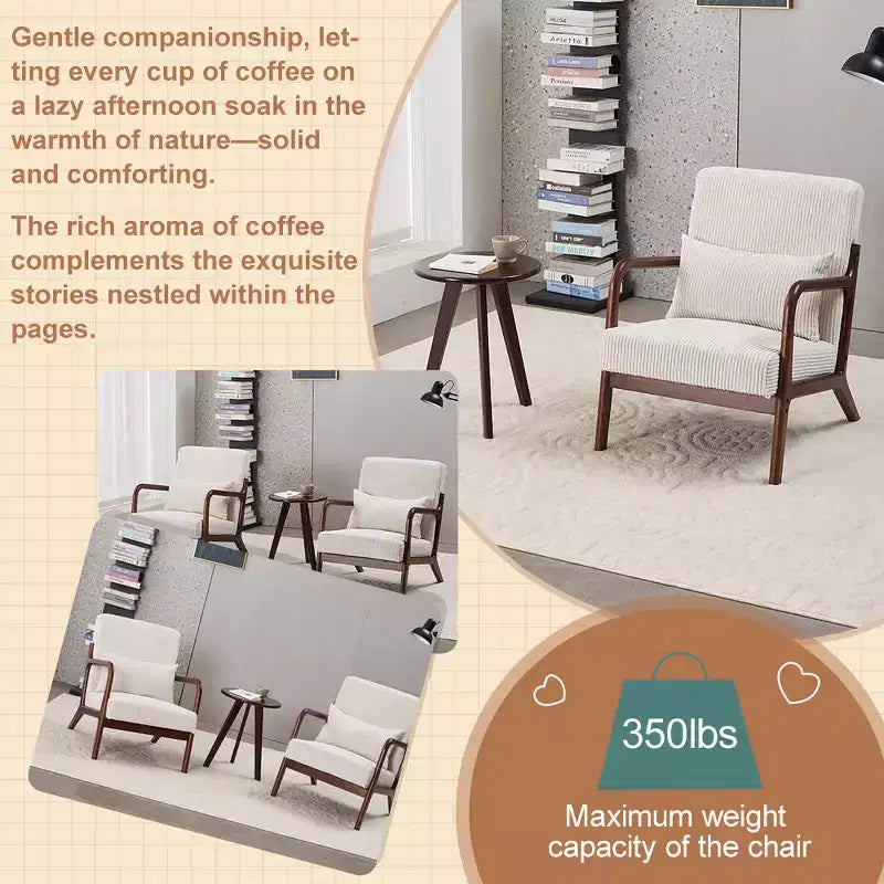 Set 2 Pezzi: Poltrona Accent Beige Mid-Century e Tavolino da Caffè Noce