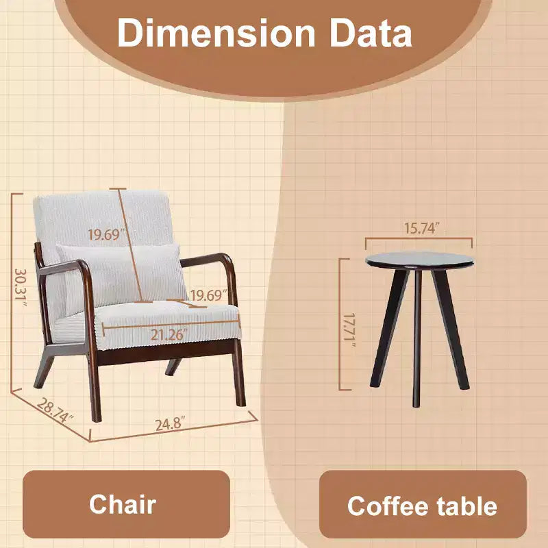 Set 2 Pezzi: Poltrona Accent Beige Mid-Century e Tavolino da Caffè Noce