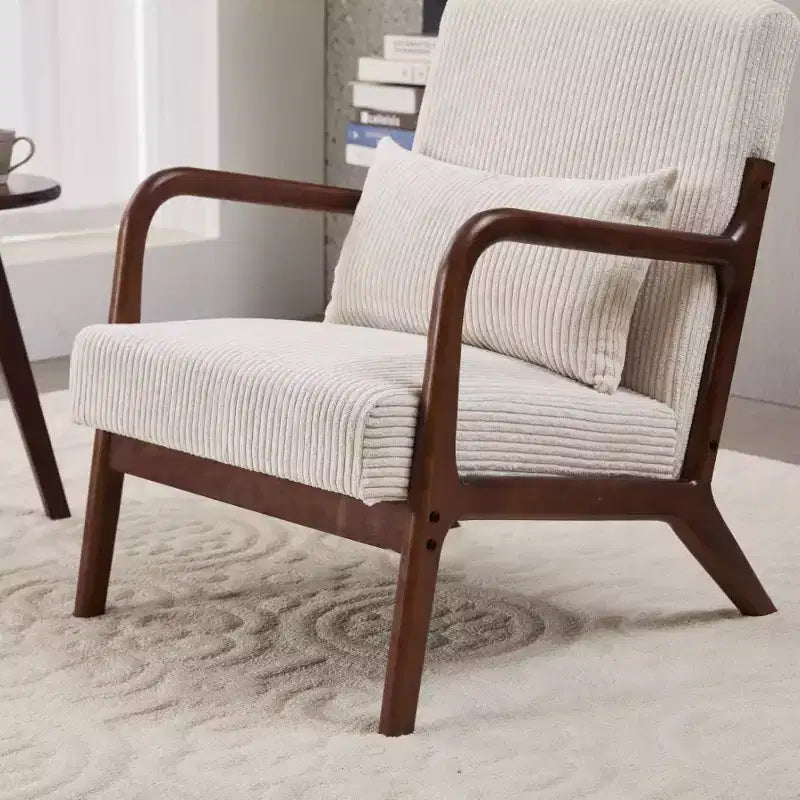 Set 2 Pezzi: Poltrona Accent Beige Mid-Century e Tavolino da Caffè Noce