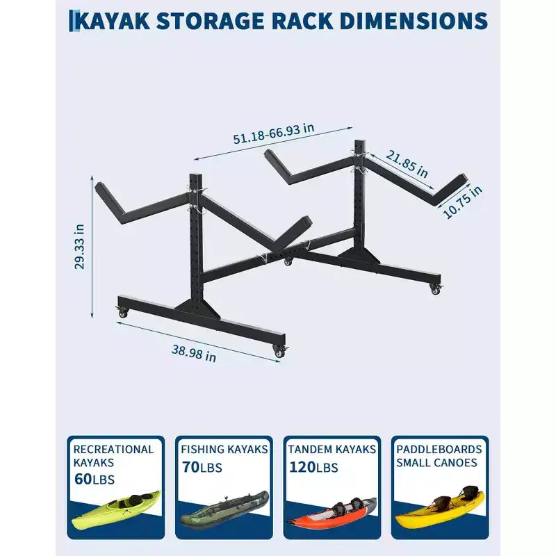 Porta Kayak Autoportante in Acciaio Nero con Ruote per 2 Kayak