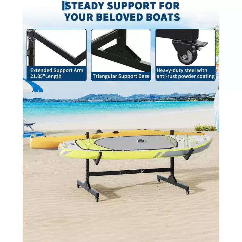Porta Kayak Autoportante in Acciaio Nero con Ruote per 2 Kayak