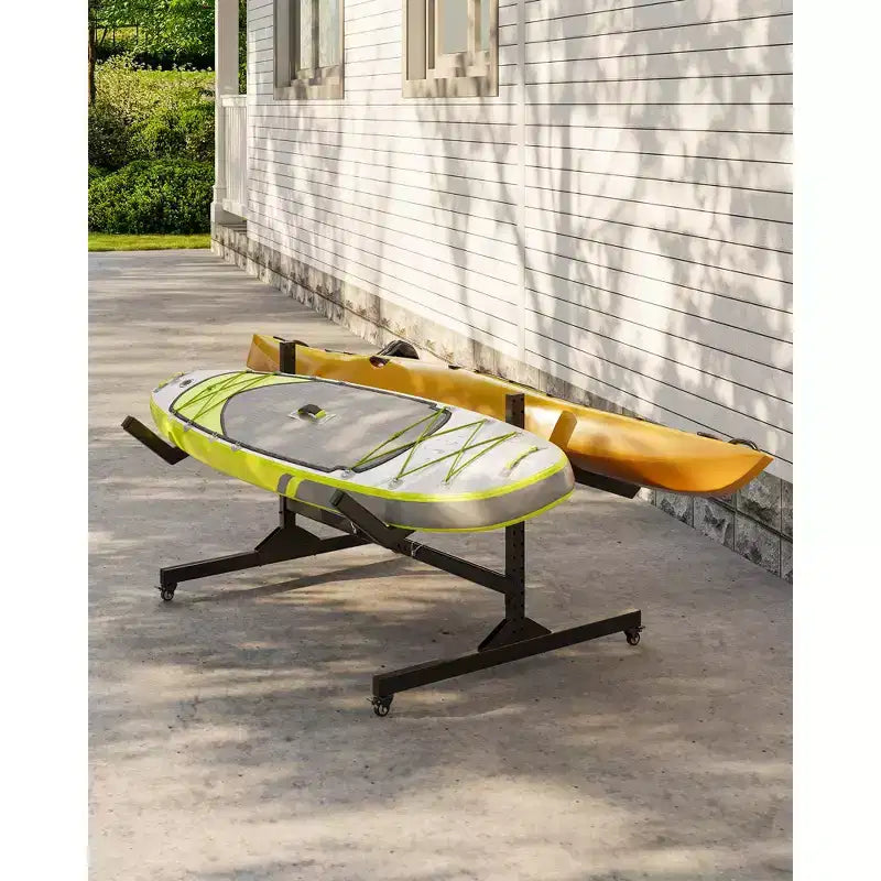 Porta Kayak Autoportante in Acciaio Nero con Ruote per 2 Kayak