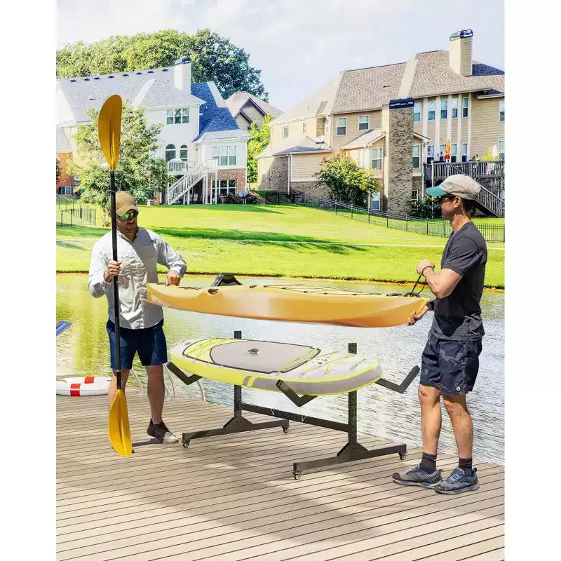 Porta Kayak Autoportante in Acciaio Nero con Ruote per 2 Kayak