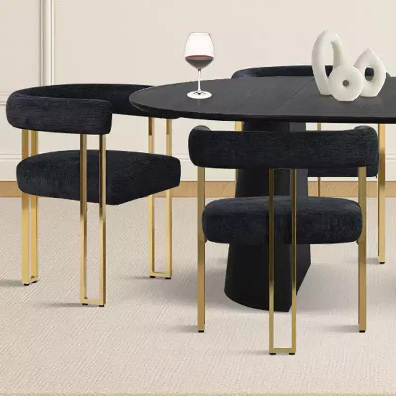 Set da pranzo allungabile nero per 8 persone, poltrone in ciniglia con gambe dorate