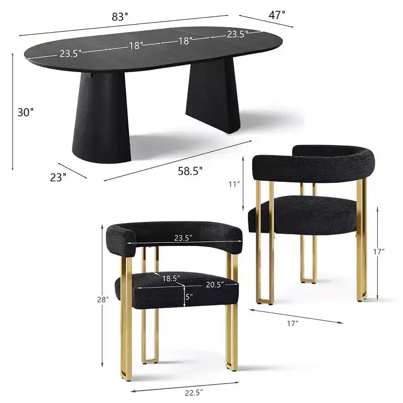 Set da pranzo allungabile nero per 8 persone, poltrone in ciniglia con gambe dorate