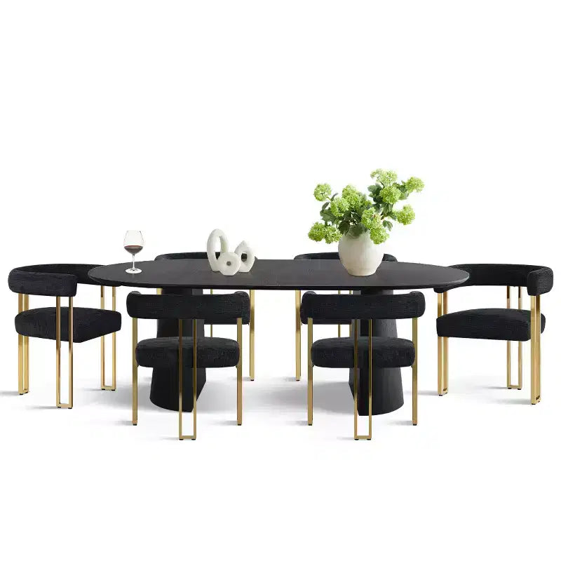 Set da pranzo allungabile nero per 8 persone, poltrone in ciniglia con gambe dorate