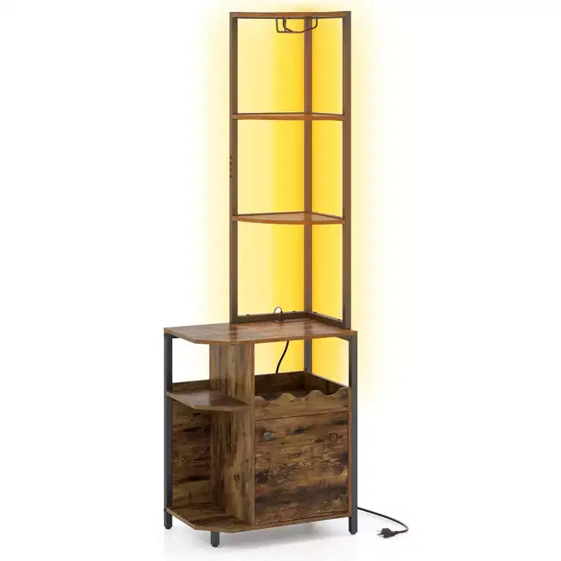 Mobile bar angolare rustico marrone con luci LED, stazione di ricarica e portabicchieri, per 1 persona