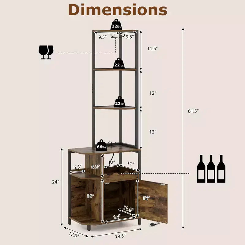 Mobile bar angolare rustico marrone con luci LED, stazione di ricarica e portabicchieri, per 1 persona