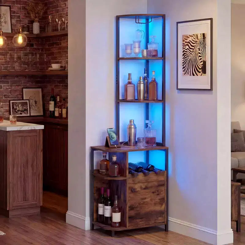 Mobile bar angolare rustico marrone con luci LED, stazione di ricarica e portabicchieri, per 1 persona