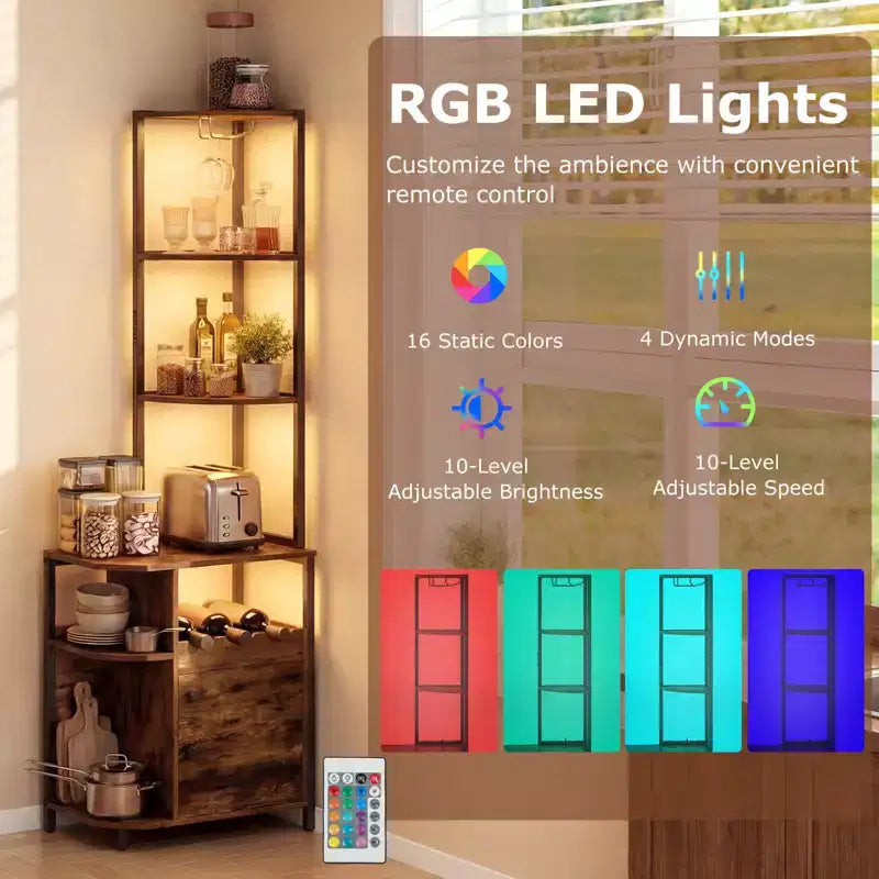 Mobile bar angolare rustico marrone con luci LED, stazione di ricarica e portabicchieri, per 1 persona