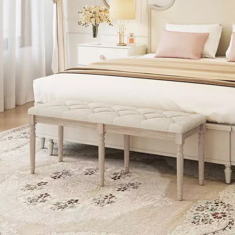 Panca Bout de Lit Trapuntata in Lino Beige, Posti a Sedere 1-2, Gambe in Legno di Caucciù
