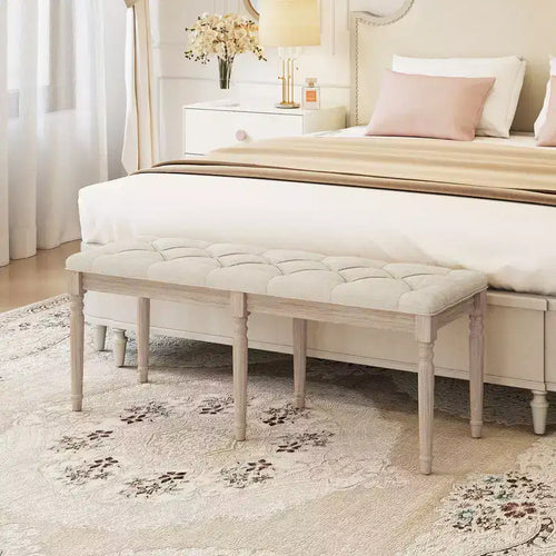 Panca Bout de Lit Trapuntata in Lino Beige, Posti a Sedere 1-2, Gambe in Legno di Caucciù