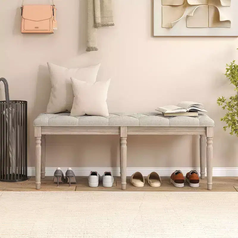 Panca Bout de Lit Trapuntata in Lino Beige, Posti a Sedere 1-2, Gambe in Legno di Caucciù