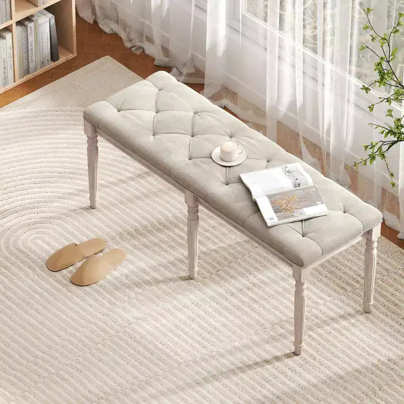 Panca Bout de Lit Trapuntata in Lino Beige, Posti a Sedere 1-2, Gambe in Legno di Caucciù